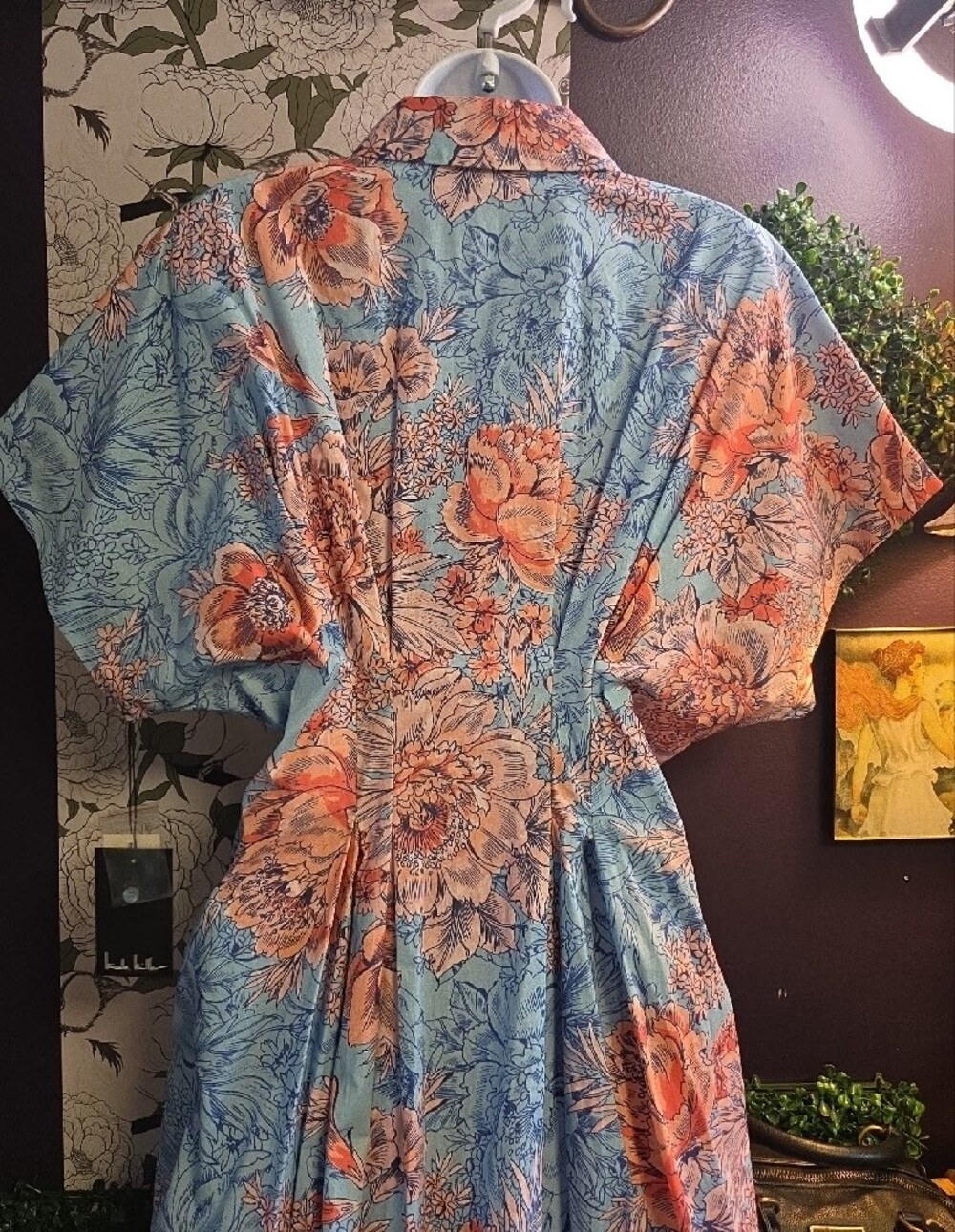 Pleated Floral Riot Shirt Dress By Nicole Miller -Bat Wing Style Sleeves - Sz 10 - Picture 8 of 10